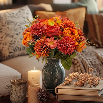 Fall Artificial Flower Bouquet Set - Burnt Orange Peony & Chrysanthemum Decor, 2 Bundles