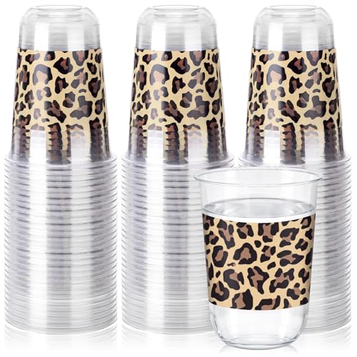 50 Pcs Leopard Print Disposable Plastic Cups for Parties - 16oz, Clear & Leopard Variation