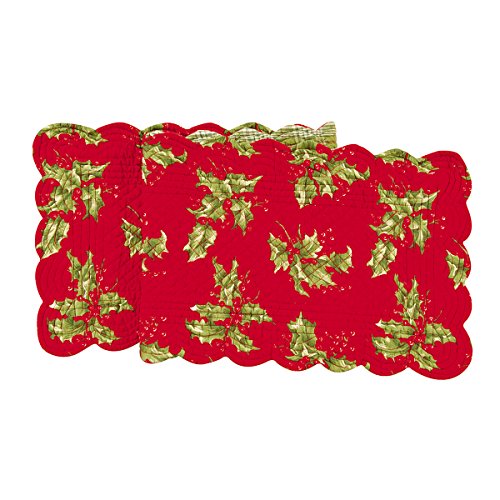 Christmas Holly Leaves & Berries Cotton Quilted Table Runner, 14x51 Inches