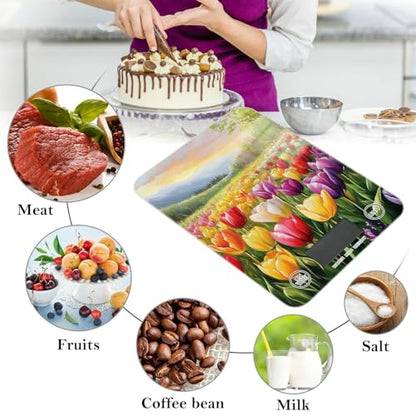 QwThum Food Scale Kitchen Digital Scale Food Ounces and Grams Dieting Baking Cooking Waterproof Glass Panels LCD Display,4 Units Scale Tare Function Cartoon Tulips