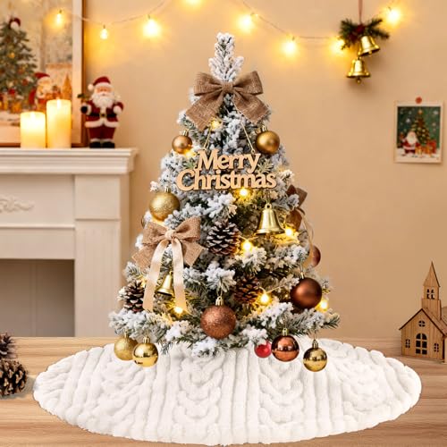 24 Inch Faux Fur Christmas Tree Skirt White Beige Round Holiday Decor - Set of 1
