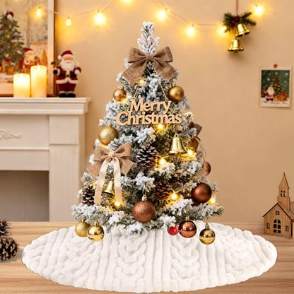 24 Inch Faux Fur Christmas Tree Skirt White Beige Round Holiday Decor - Set of 1