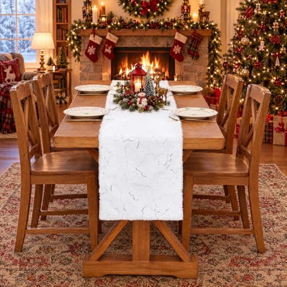 White Faux Fur Christmas Table Runner with Silver Sequin Trees - 13x48 Inches - Variation of THIS listing