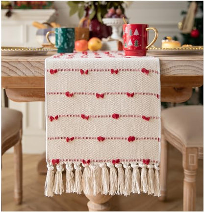 Caflife Christmas Table Runner 13x90 Inch Red and Beige Cotton with Tassels - Farmhouse Holiday Decor