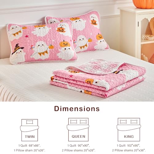 Halloween Ghost Quilt Set Queen - Pink & White Bedspread Coverlet 3-Piece