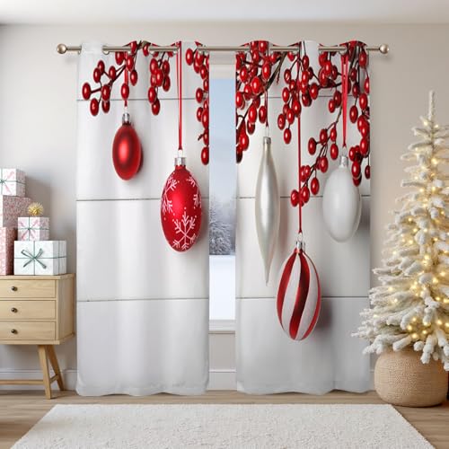 Red Berry Christmas Ornament Blackout Curtains 2 Panels 84"L x 42"W - Red & White Variation