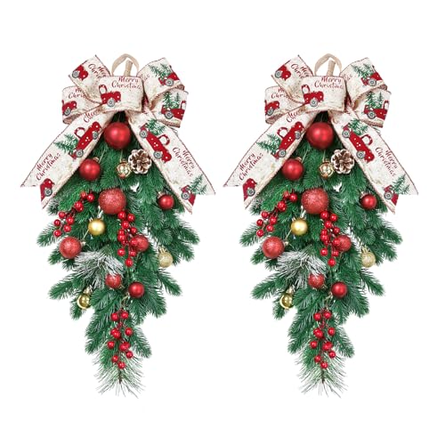 Artificial Christmas Swags 24 Inch 2 Pack Teardrop Holiday Decor with Berries Pinecones & Greens - Multi Color