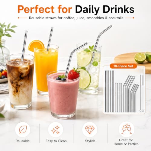 Reusable Metal Drinking Straws Set for 20 & 30 oz Tumblers with Cleaning Brushes