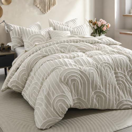 Beige Queen Cotton Linen Texture Boho Duvet Cover Set with Embroidery