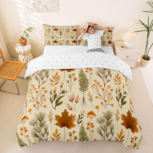 Manfei Fall Maple Leaf Kids Duvet Cover Set Queen Size Vintage Beige with Pillowcases