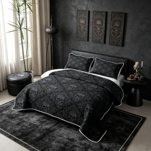 Ash & Ink Black Skull Pattern Quilt Set King Size Kids & Adults Bedding