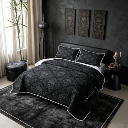 Ash & Ink Black Skull Pattern Quilt Set King Size Kids & Adults Bedding