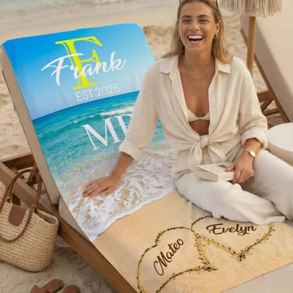 Personalized Couple Beach Towel with Names - Quick Dry Sandproof Gift for Weddings & Anniversaries