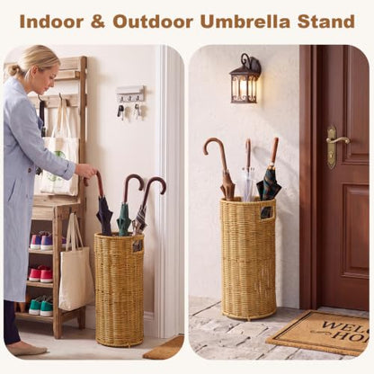 Yellow-Brown Rattan Umbrella Holder Stand for Entryway, 17" Tall Indoor
