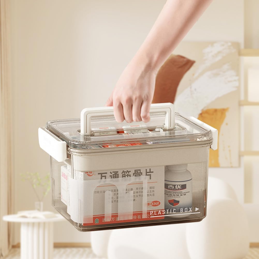 Skiennix Medicine Storage Box - Clear Plastic Organizer with Handles & Removable Tray for Home, Office & Travel