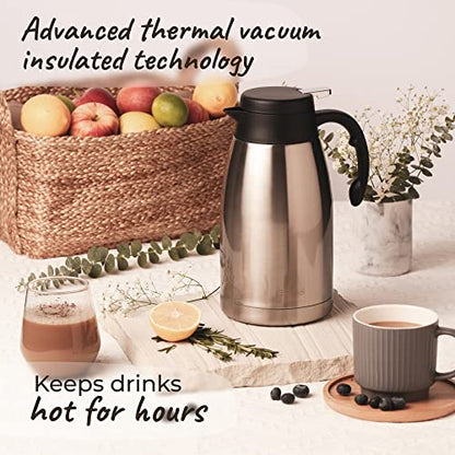 Pykal Thermal Coffee Carafe Stainless Steel - Heavy Duty Lab Tested Heat Retention - 2L (68 oz) Insulated Coffee Thermos Water & Beverage Dispenser - Premium Grade Thermal Pot Silver