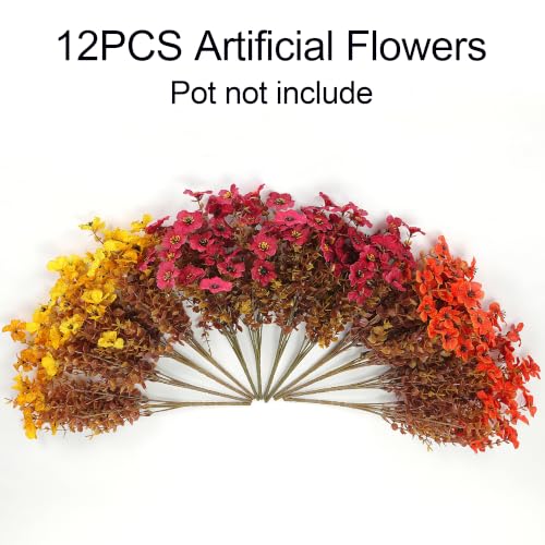 Artificial Fall Mums Flowers for Outdoors Porch Decoration - Burgundy, Orange, Yellow - 12 Bundles
