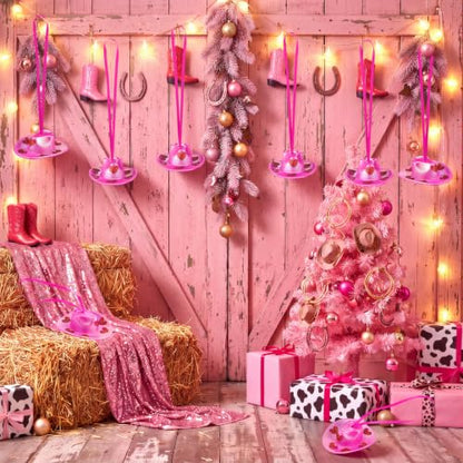 12 Pcs Western Christmas Cowgirl Hat Ornaments - Glitter Heart Pink Variation of THIS listing