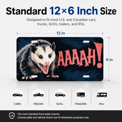 Funny Animal Humor Aluminum License Plate - Screaming Opossum Variation