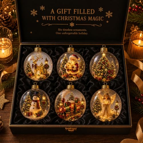 12pcs Glowing Christmas Ornaments Mini Gold Light-Up Holiday Decor with Scene Inside
