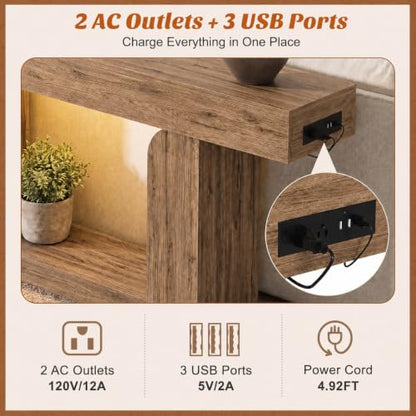 Modern 47-inch Entryway Console Table with Charging Station and LED Lights