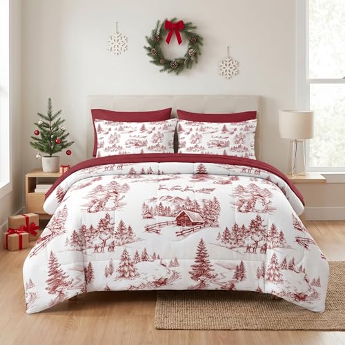 WeCozy Queen Christmas Comforter Set with Sheets - Vintage Holiday 7 Piece Winter Bedding