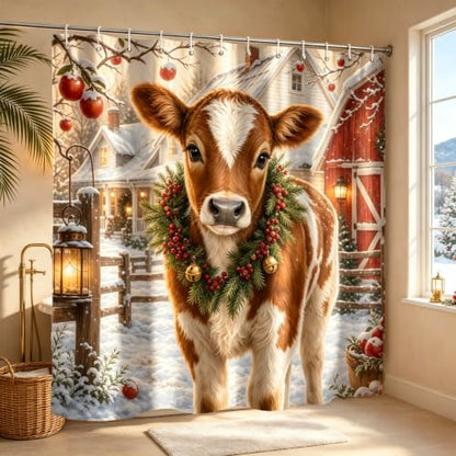 Christmas Farm Cow Snowy Farmhouse Shower Curtain - Rustic Holiday Decor - 72x72 Inches - Variation of THIS Listing