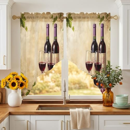 Red Wine Swag Curtains Set with 2 Panels - Burgundy, Moss, Brown, Merlot - 36W x 45L, Rustic Farmhouse Style