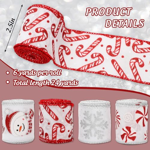 Christmas Glitter Wired Edge Ribbon Snowman Snowflake Candy Set - 4 Rolls, 24 Yards