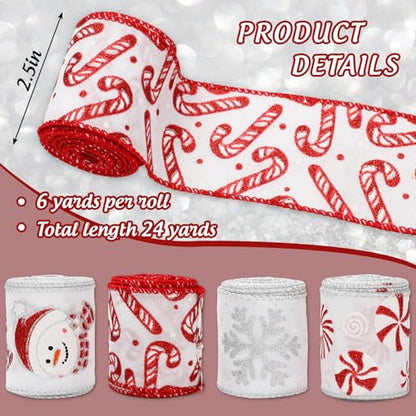 Christmas Glitter Wired Edge Ribbon Snowman Snowflake Candy Set - 4 Rolls, 24 Yards