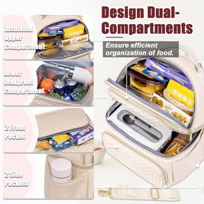 Weitars Lunch Bag for Women,Dual Compartment Lunch Box for Women Lunch Tote for Work,Insulated Leakproof Lunch Cooler Bag with Side Pockets and Adjustable Strap for Hiking,Picnic,Beach