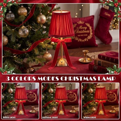 Red Christmas Cordless Table Lamp with Velvet Finish - Rechargeable, Dimmable, Portable Decor - 2 Pack