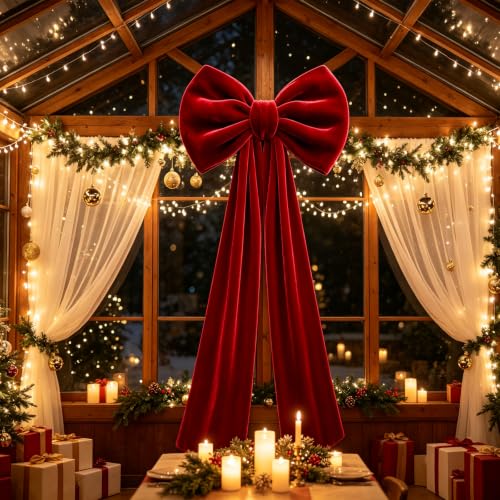 Christmas Tree Topper Bow - Red Velvet 15.8 x 78 Inches Extra Long Holiday Decor