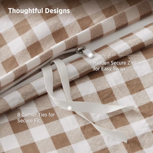 Bedsure Gingham Duvet Cover Set Cotton-Like Bedding Queen Size - Brown, No Comforter, 90x90