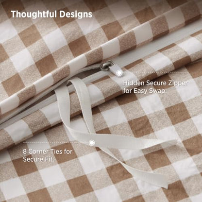 Bedsure Gingham Duvet Cover Set Cotton-Like Bedding Queen Size - Brown, No Comforter, 90x90