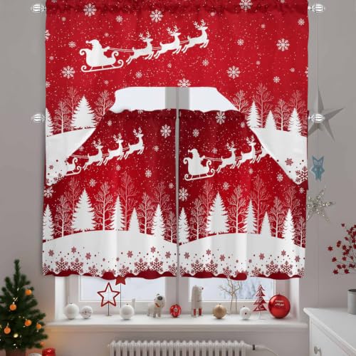 Christmas Reindeer Window Curtain Set with Valances - Red & White, 3 Pieces, 27.5"W x 36"L, Holiday Decor