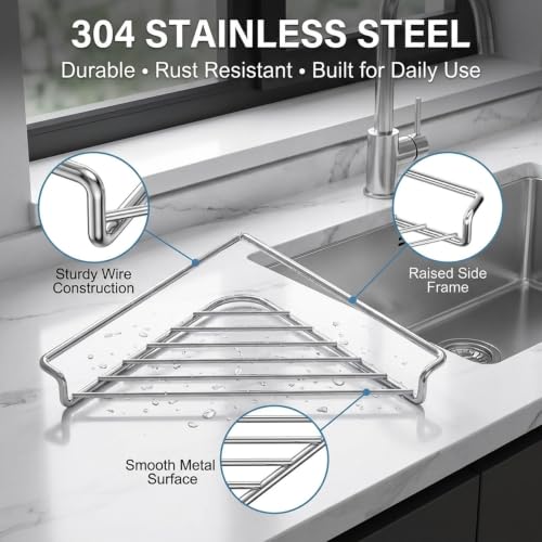 1pc Stainless Steel Corner Sink Shelf with Triangular Wire Rack – Kitchen Organizer