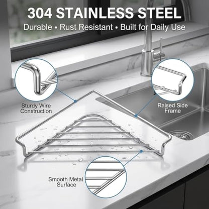 1pc Stainless Steel Corner Sink Shelf with Triangular Wire Rack – Kitchen Organizer