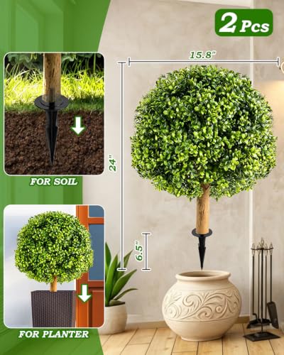 White Artificial Topiary Boxwood Ball Trees 24in, 2 Pack - No Maintenance