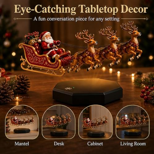 Floating Santa Sleigh Ornament with LED Lights - Red, Brown, Gold Variations
