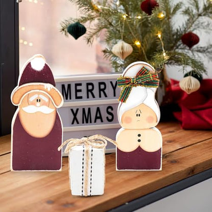 Christmas Decorations Wooden Santa Claus Couple Table Centerpieces - 3 Pcs - Holiday Home Decor