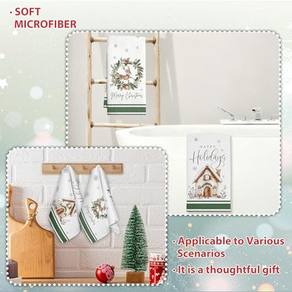 Christmas Kitchen Towels Set of 2 - Green 03, Reindeer & Wreath Design, 16x24 Inch Farmhouse Holiday Decor