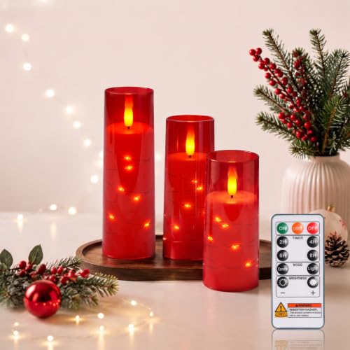 3pcs Red Flameless Battery-Operated Pillar Candles with Remote Timer