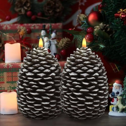 Silver Large Pine Cone Candles Battery Operated Flameless Flickering with Remote