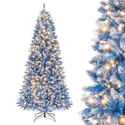 7Ft Snow Flocked Artificial Blue Christmas Tree Pre-Lit with 8 Lighting Styles