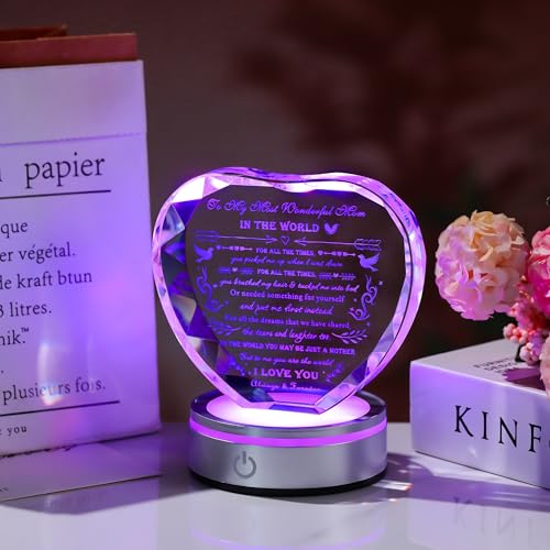 Wonderful Mom Night Light Crystal Engraved Heart World with Colorful LED Base