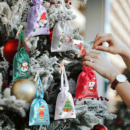 24 Pcs Small Satin Christmas Gift Bags with Drawstring – 4x6 Inch Holiday Treat Bags