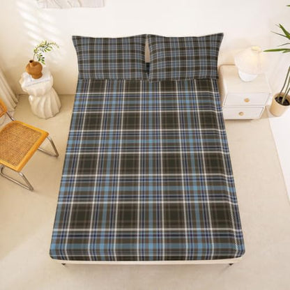Full Size Vintage Plaid Bed Sheet Set Blue Brown Buffalo Checkered Sheets with Pillowcases