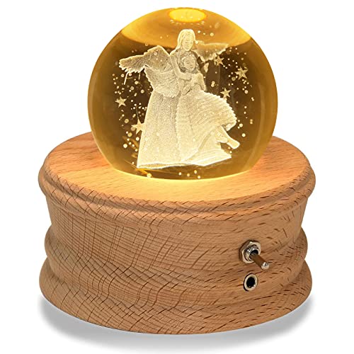 3D Crystal Ball Music Box with Projection Light and Rotating Wooden Base - Mom and Daughter