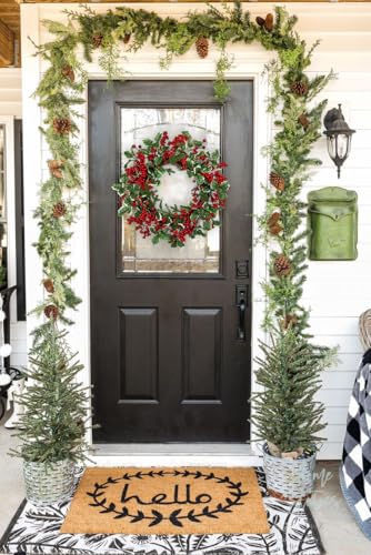 Artificial Christmas Wreath for Front Door, Real Touch Pine with Berry Clusters & Holly - Red & Green, 18 Inches